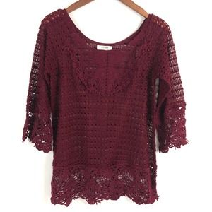 Umgee Top Small Burgundy 3/4 Sleeve Crochet Open Knit Cotton Tunic Blouse Boho